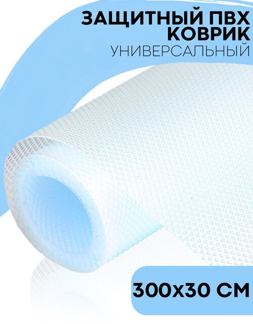 Водостойкий противоскользящий ПВХ коврик-подстилка для кухонных полок, ящиков, холодильника (универсальный 300 см х 30 см в рулоне), голубой