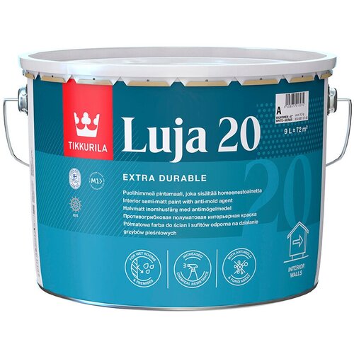 Краска моющаяся Tikkurila Luja Extra полуматовая база А белая 9 л краска акриловая tikkurila luja 20 влагостойкая моющаяся полуматовая белый 0 9 л 1 26 кг