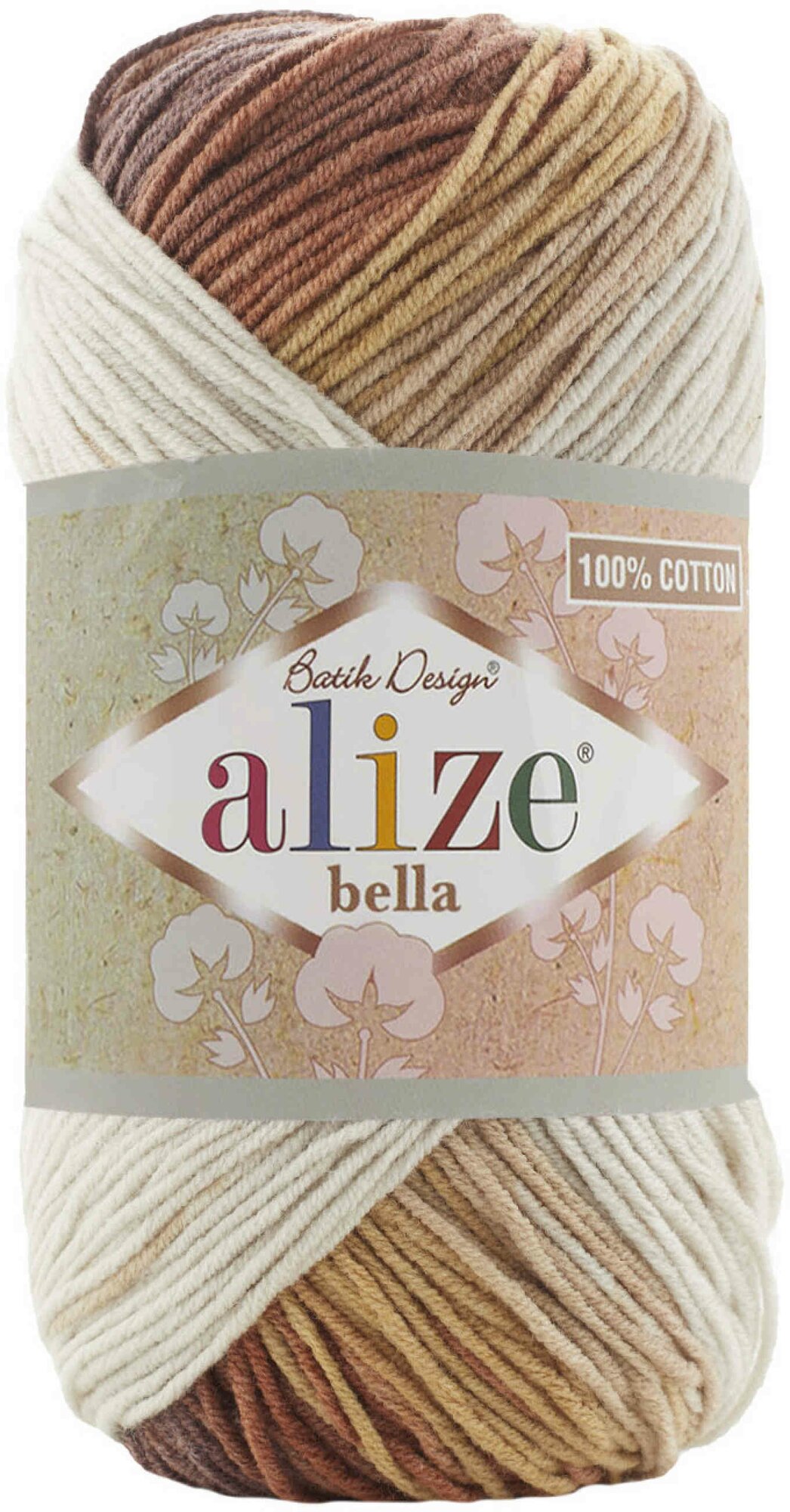 Пряжа Alize Bella Batik 100 молочный-бежевый-коричневый (3300), 100%хлопок, 360м, 100г, 2шт
