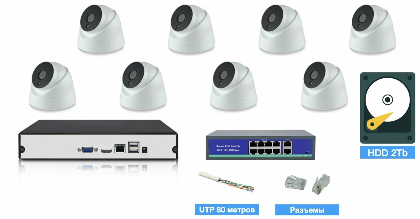 Полный IP POE комплект видеонаблюдения на 8 камер (KIT8IPPOE04M5B_HDD2TB_UTP)