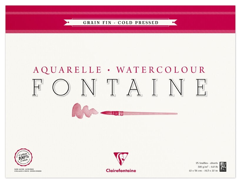 Альбом для акварели 25л, 42*56, на склейке Clairefontaine "Fontaine Grain Fin", 300г/м2, холод. пресс, мелкое зерно