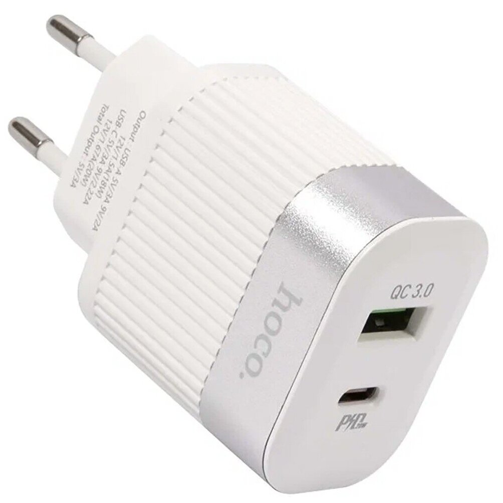 Сетевое зарядное устройство Hoco RC4, USB+Type-C, PD20W+QC3.0, белый - фото №1