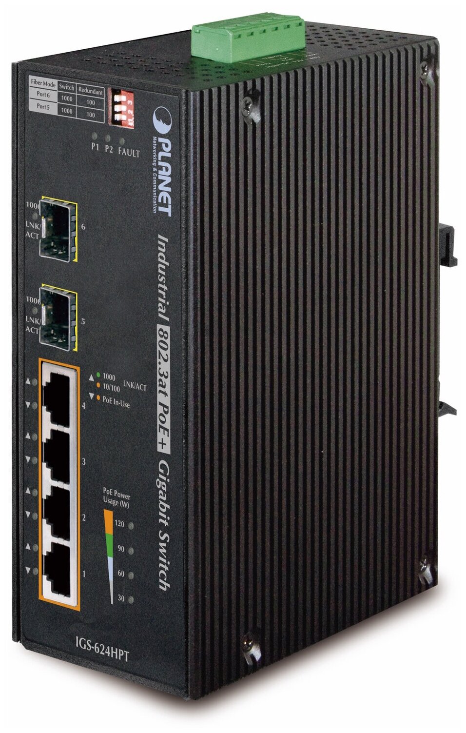 Управляемый коммутатор для рабочих групп Planet IP30 6-Port Gigabit Switch with 4-Port 802.3AT POE+ plus 2-port 100/1000X SFP (-40 to 75 C)