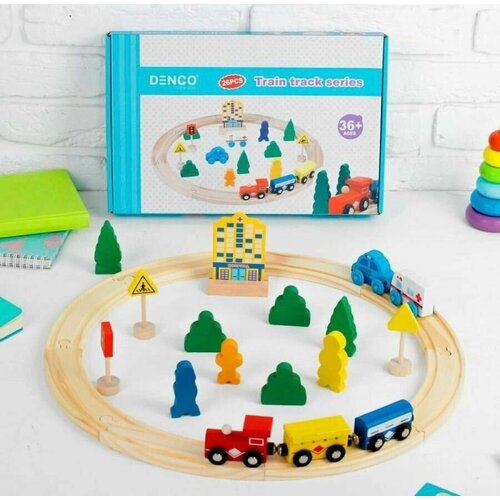 фото Деревянная железная дорога, игрушка каталка, круглая (+знаки, машины) / детская развлекательная игра