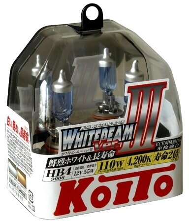 Лампы автомобильные KOITO Whitebeam 9006 (HB4) 12V 55W (110W) 4200K (комплект 2 шт.) KOITO-P0757W