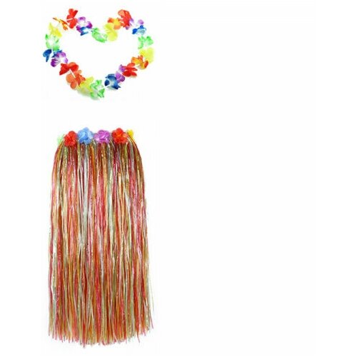 фото Гавайская юбка длинная разноцветная с цветочками 80 см, гавайское ожерелье 96 см happy pirate