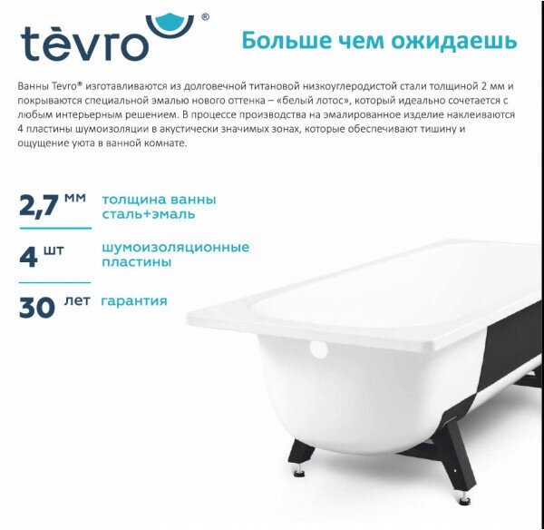 Ванна ВИЗ TEVRO 170х70х40см (2,7мм) с опорной подставкой (ОР-01207), без ранта, белый лотос (Т-72902)