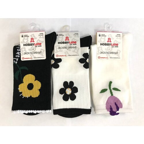 Носки женские х\б Hobby нжэ219-04, размер 36-40, белый/черный цветы (белый/чёрный/цветы)