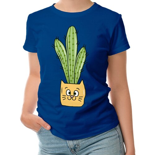 Женская футболка «кактус и кот» (L, темно-синий)