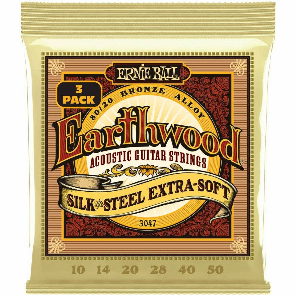 Набор из 3х комплектов струн для акустической гитары ERNIE BALL 3047 Earthwood 80/20 Silk and Steel Extra Soft 3 Pack 10-50