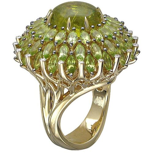 кольцо с шпинелью турмалином и бриллиантами из жёлтого золота 750 пробы Кольцо Эстет, желтое золото, 585 проба, хризолит, турмалин, бриллиант, размер 18.5