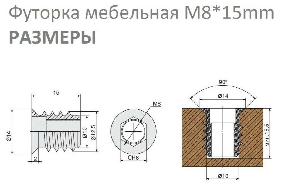 Футорки мебельные M8*15мм (уп20) ввёртные стальные