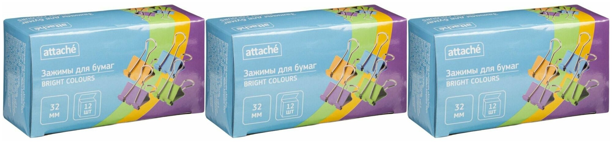 Attache Bright Colours Зажимы для бумаг цветные 32 мм 12 шт, 3 уп