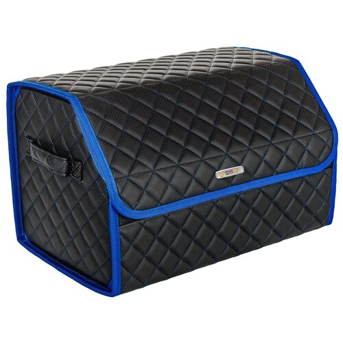 фото Сумка-органайзер в багажник автомобиля из перфорированной экокожи черная с синей нитью vicecar c логотипом smart (темно-синий кант)