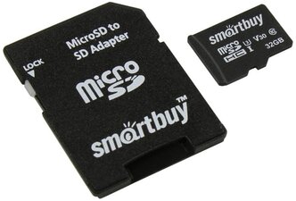 Карта памяти SmartBuy Professional microSDHC Class 10 UHS-I U3 V30 + SD adapter 32 GB, чтение: 95 MB/s, запись: 60 MB/s, адаптер на SD