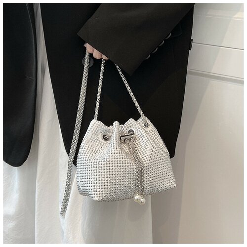 фото Дамская вечерняя сумочка-мешок на цепочке со стразами, белая kiss buty