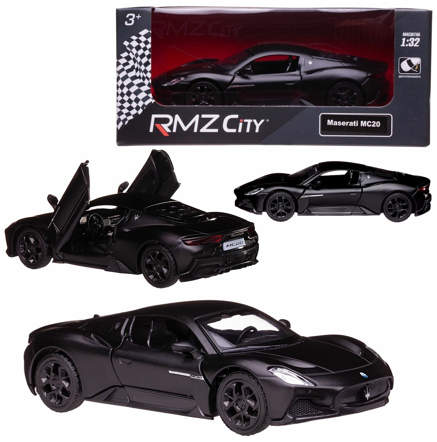 Машина металлическая RMZ City 1:32 Maserati MC 2020 инерционный механизм двери открываются черный матовый цвет.