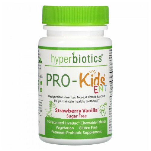Купить Hyperbiotics, PRO-Kids ENT, пробиотики для детей, без сахара, с клубничным и ванильным вкусом, 45 запатентованных жевательных таблеток LiveBac