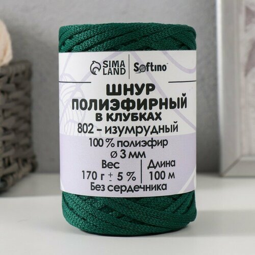 Шнур плоский 3 мм полиэфирный в клубках 100м/170г (+/- 5%) изумрудный-802 (комплект из 5 шт)