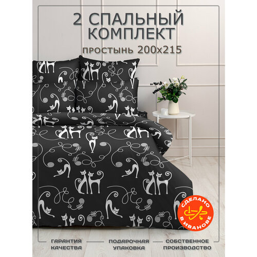 Постельное белье 2 спальное, классическая простынь, наволочки 70х70, полисатин черный, белый, черный, размер 2, спальный