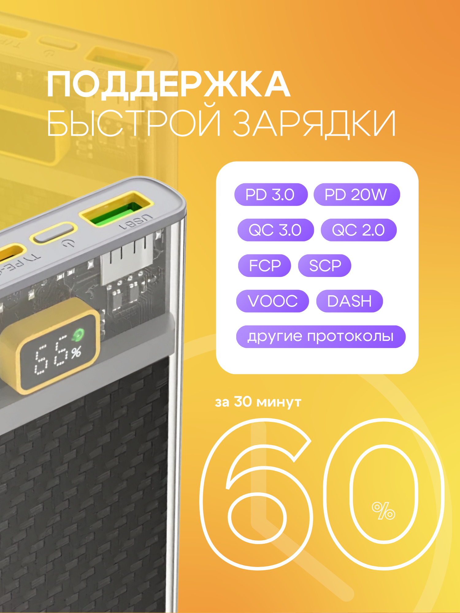 Внешний аккумулятор, 10000 mAh, с индикацией, быстрая зарядка — фото 1