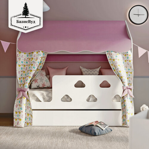 Изображение товара Кровать-домик, Кровать детская с бортиком под матрас 140х70, БазисВуд "Облачка" с текстилем (розовый, с единорогами) и ящиком