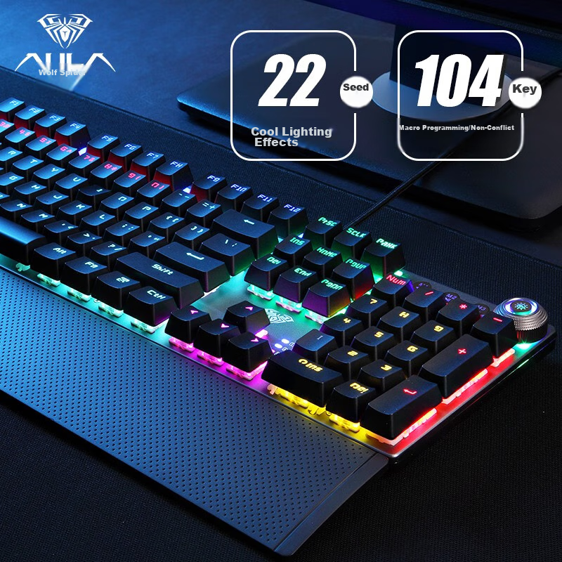 AULA F2088 Mechanical Keyboard, Wired Gaming Keyboard, Multifunctional Knob, 104-Key RGB Backlit Keyboard, Macro Programming, Computer Keyboard, Blue Switch, Elite Edition — фото 1