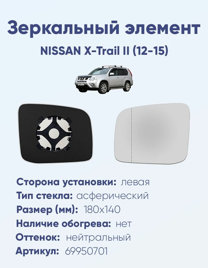 Зеркальный элемент левый NISSAN X-Trail II (12-15) асферика нейтральный без обогрева