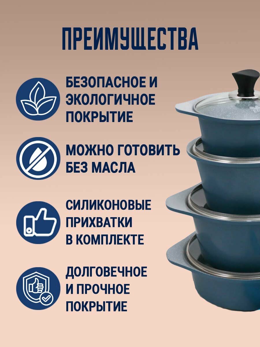 Набор посуды из 6 предметов Ecoramic с каменным покрытием (голубой). К — фото 1