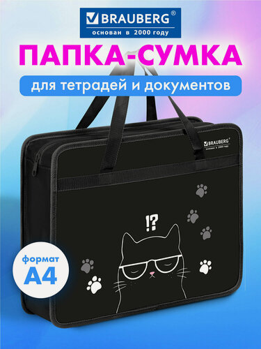 Изображение товара Папка сумка для тетрадей, труда, рисования А4 для девочки на молнии с ручками, Brauberg, Кот с характером, 274493