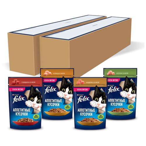 Влажный корм Felix Аппетитные кусочки для кошек с курицей, говядиной, индейкой и кроликом в желе, 75 г х 52 шт.