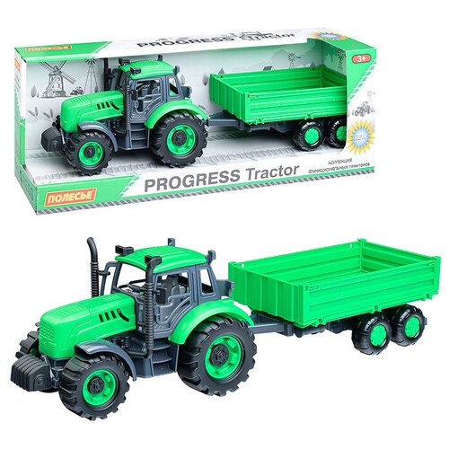 Трактор Прогресс с бортовым прицепом инерционный (зелёный) (в коробке)