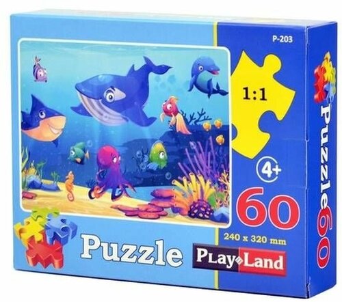 Пазл, Play Land, Подводный мир, 60 элементов, из картона, 32 х 24 см, 1 коробка