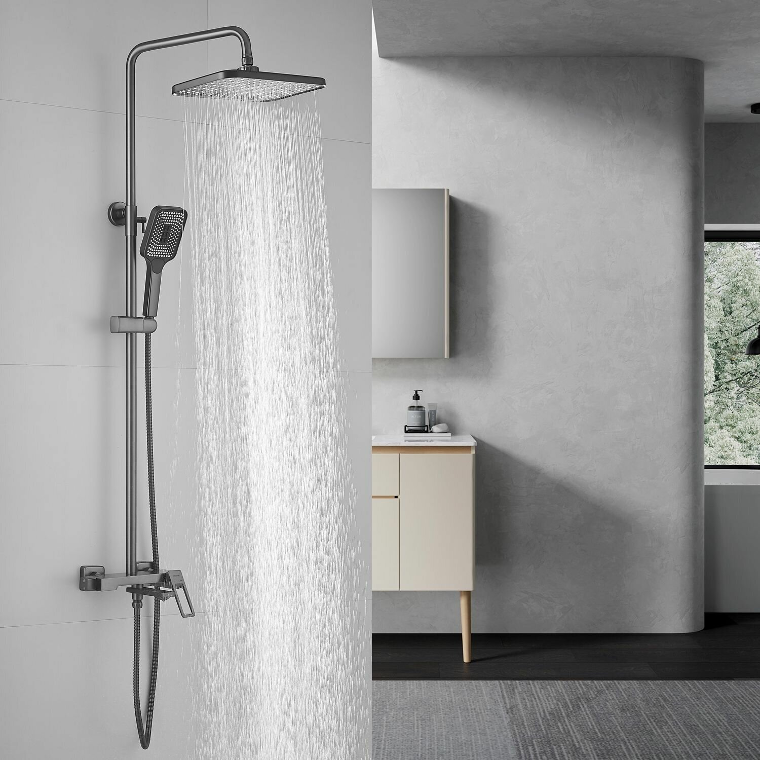 фото Душевая система - комплект, оружейная сталь, (стойка с тропическим душем, со смесителем с изливом, душевой ручной лейкой)/душевой комплект,