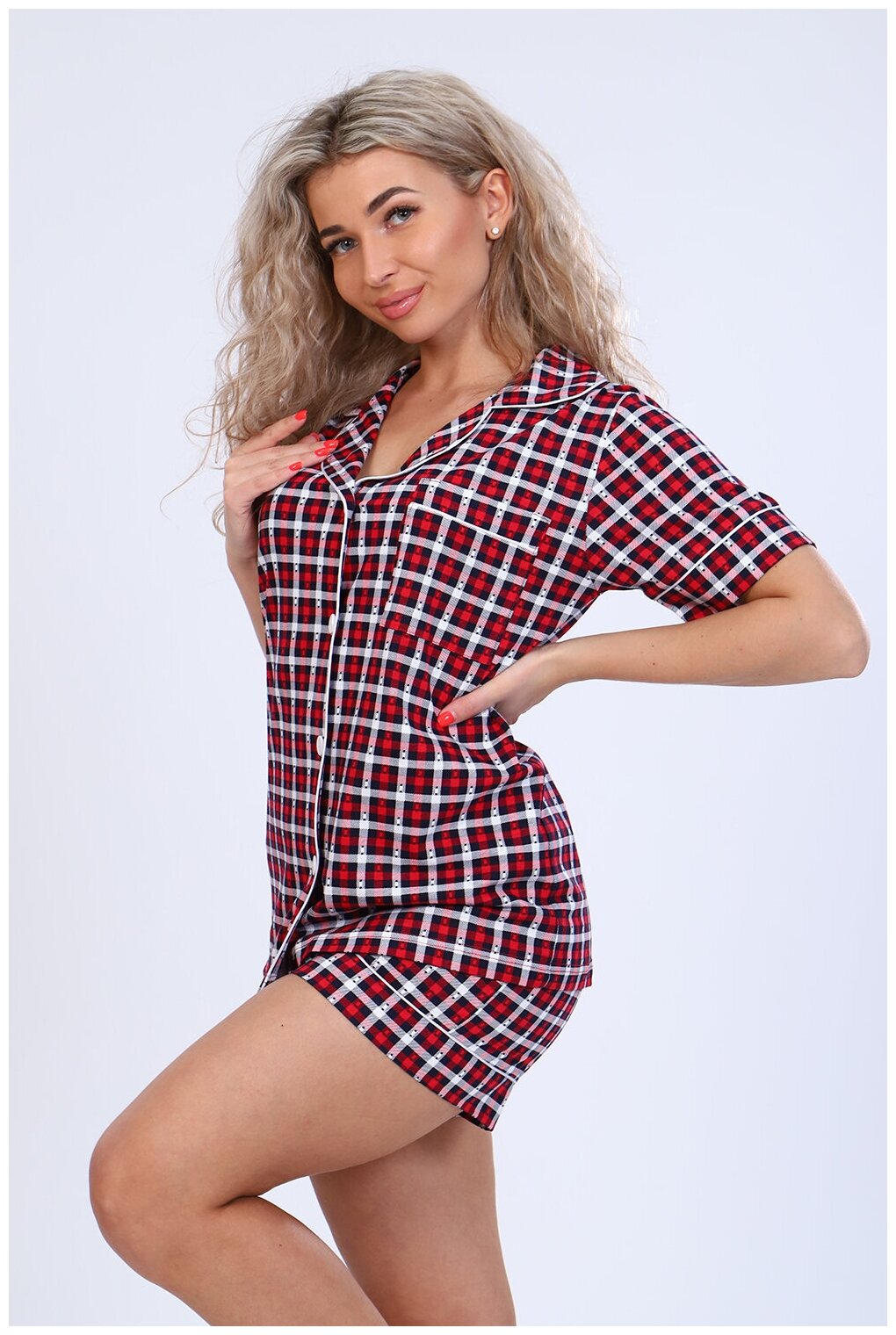 Женская домашняя пижама/костюм в клетку (рубашка+ шорты), размер 46 - фотография № 6