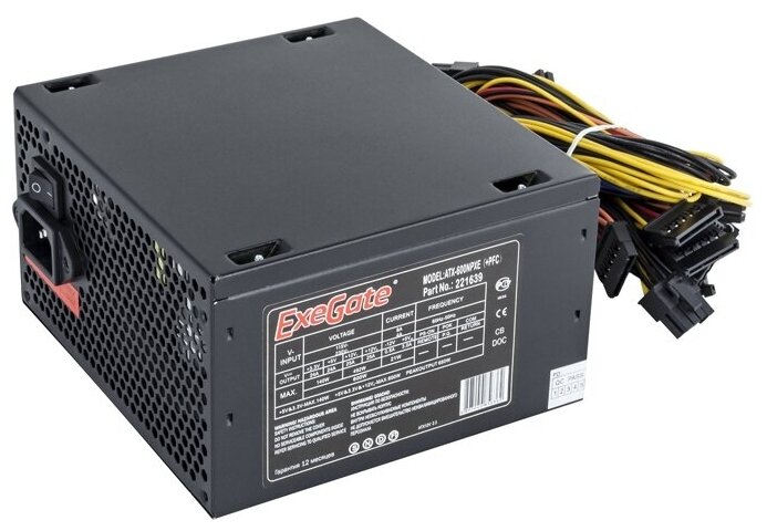 Exegate EX221639RUS Блок питания 600W ATX-600NPXE(+PFC), black, 12cm fan, 24+(4+4)p, (6+2)p PCI-E, 3