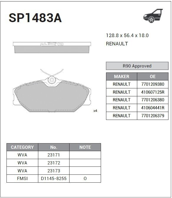 Колодки передние RENAULT Megane I/Laguna I/Safrane II SANGSIN BRAKE SP1483A