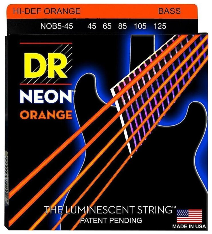 Струны для 5-струнной бас-гитары, DR Bass NOB5-45 Neon Orange 45-125 оранжевые