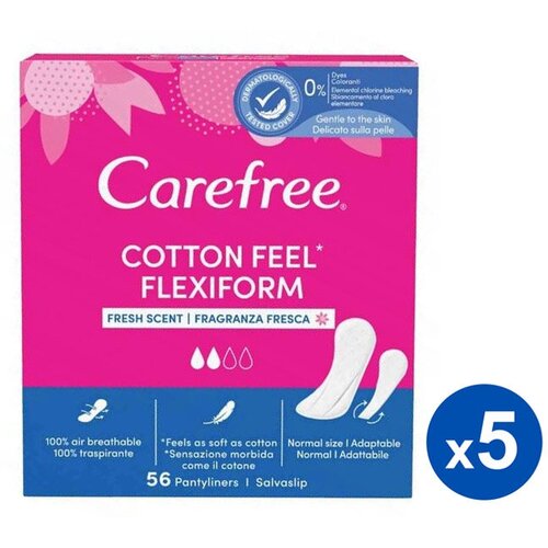 Carefree Ежедневные прокладки Cotton Feel Flexiform свежий аромат, 2 капли, 56 шт в уп, 5 уп (280 шт)