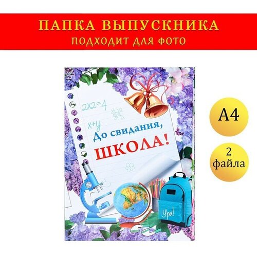 Папка с двумя файлами А4 До свидания, школа! фон из сирени, глобус, микроскоп