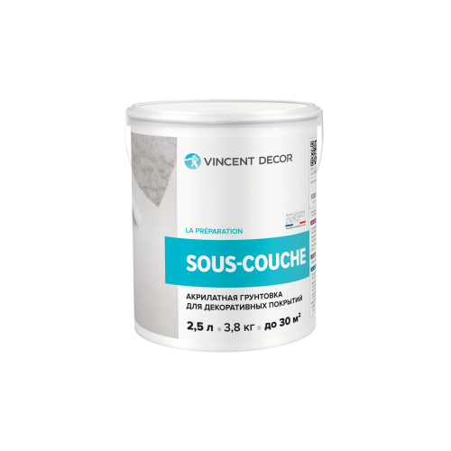 Грунтовка Vincent Decor Sous-Couche, 2.5 кг, 2.5 л, белый грунтовка vincent decor sous couche пигментированная для структурных декоративных покрытий 4кг