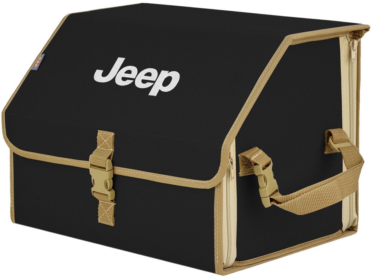 Органайзер-саквояж в багажник "Союз" (размер M). Цвет: черный с бежевой окантовкой и вышивкой Jeep (Джип).