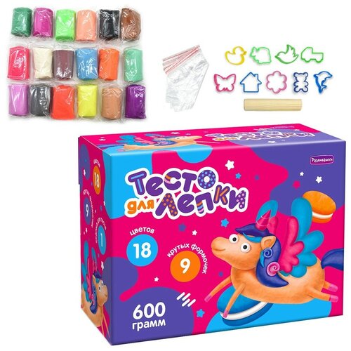Тесто для лепки в коробке, тесто 600 гр, 18 цветов, 9 форм, скалка П118