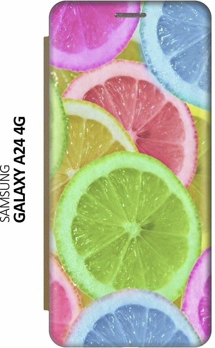 Чехол-книжка на Samsung Galaxy A24, Самсунг А24 c принтом "Разноцветные лимоны" золотистый