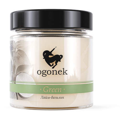 Свеча ароматическая OGONEK GREEN, с деревянным потрескивающим фитилем /Ручная работа/40 часов/свеча в банке огонек/hand made/ Лайм-базилик