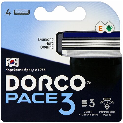 фото Сменные кассеты dorco pace3 (4 кассеты), 3-лезвийные, увл.полоса, крепление pace