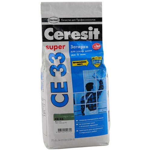 Затирка Ceresit CE 33 Super, 2 кг, зеленый 70 затирка для узких швов ceresit се 33 цвет какао 2 кг