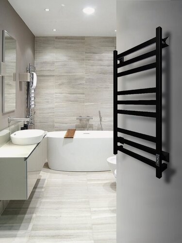 Изображение товара Полотенцесушитель электрический Тругор 400мм 800мм чёрный квадратный форма лесенка, подключение универсальное/таймер