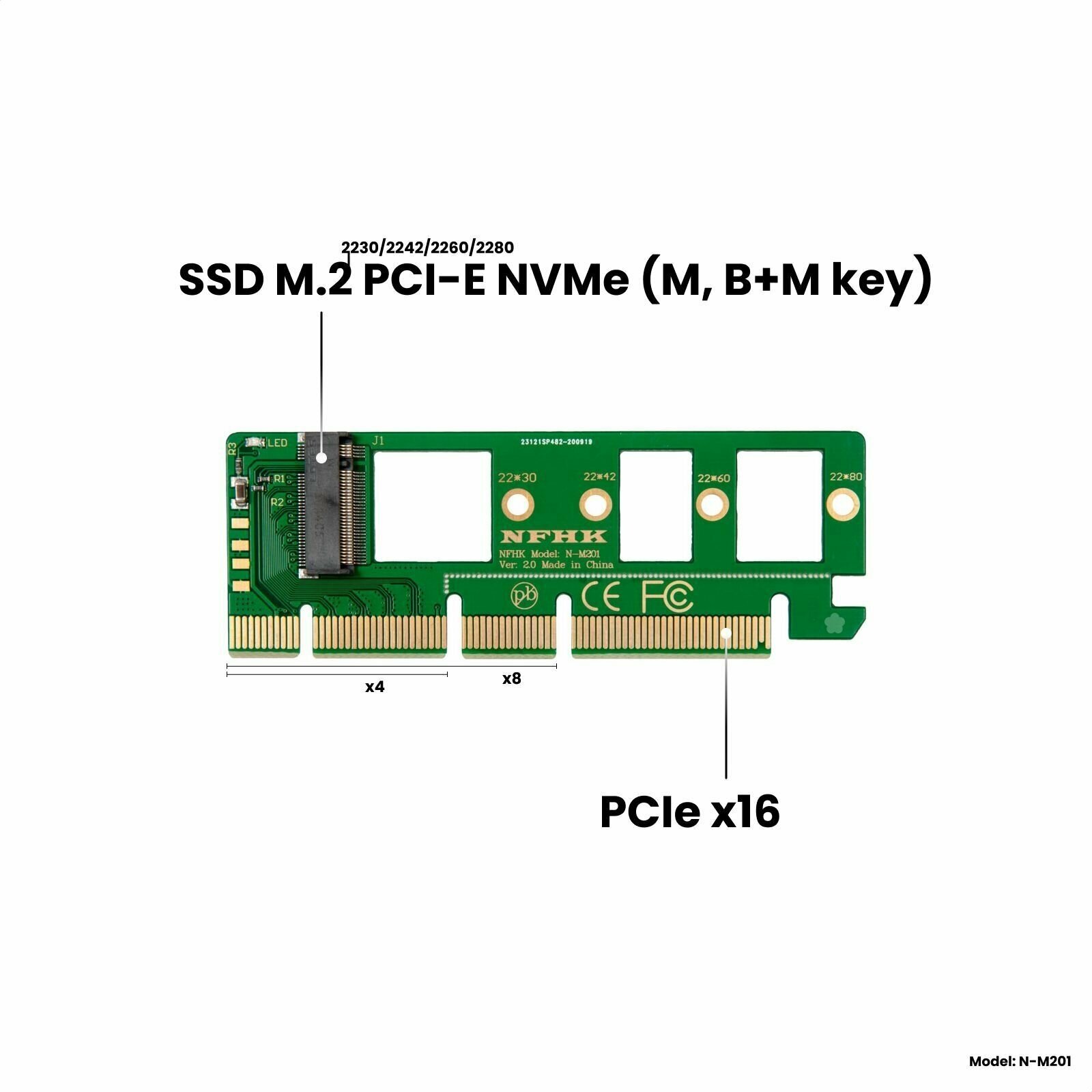 Адаптер-переходник (плата расширения) для установки SSD M.2 2230-2280 PCI-E NVMe (M B+M key) в слот PCI-E 3.0/4.0 x4/x8/x16 зеленый NHFK N-M201-G