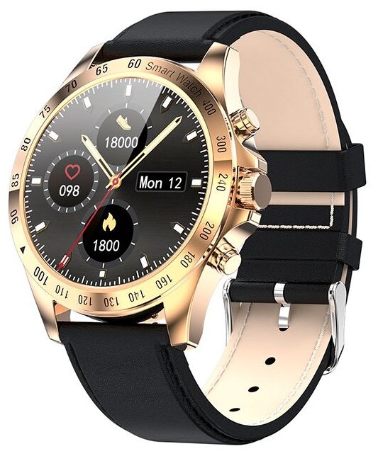 Смарт часы мужские классические KingWear LW09 с функциями фитнес браслета, корпус метал золото, кожаный черный ремешок